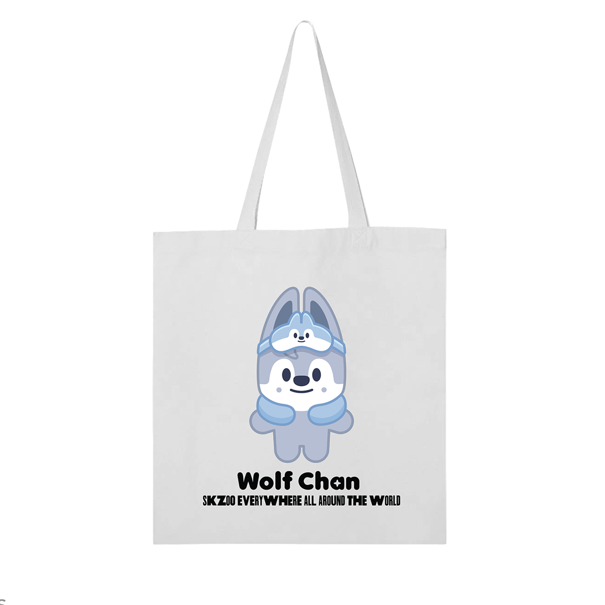 White tote bag with Wolf Chan character and Wolf Chan black text