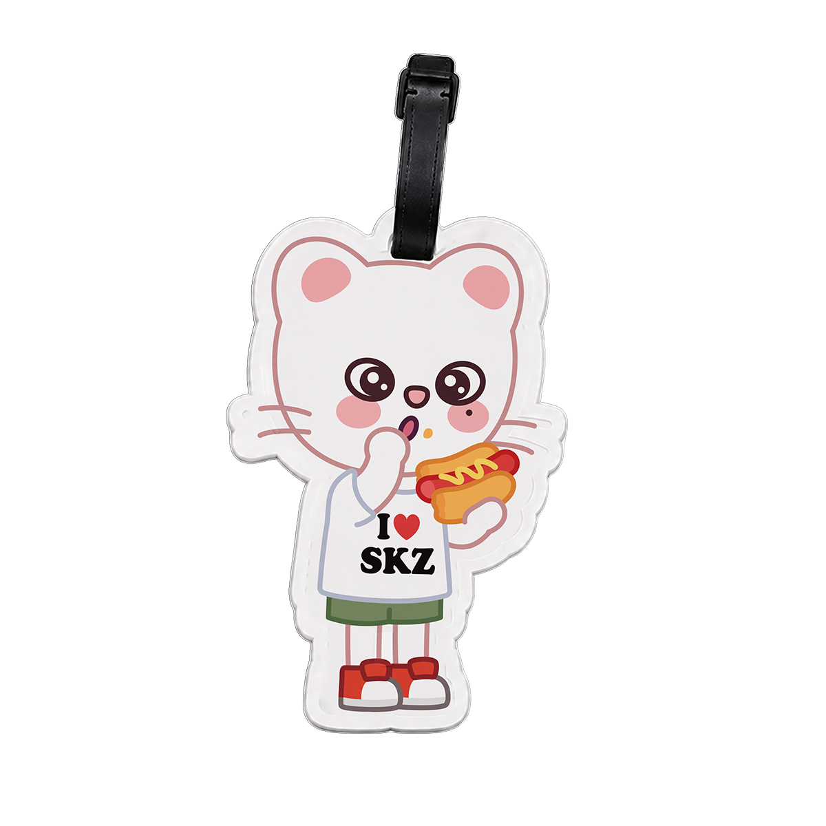 Cartoon Jiniret character luggage tag with 'I ❤️ SKZ' text