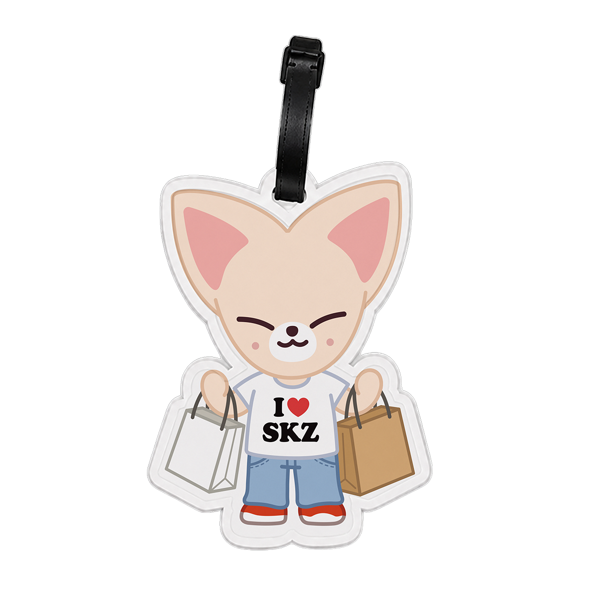 Cartoon fox character luggage tag with 'I ❤️ SKZ' text