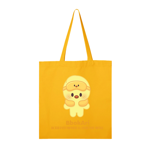 Yellow tote bag with a cartoon character 