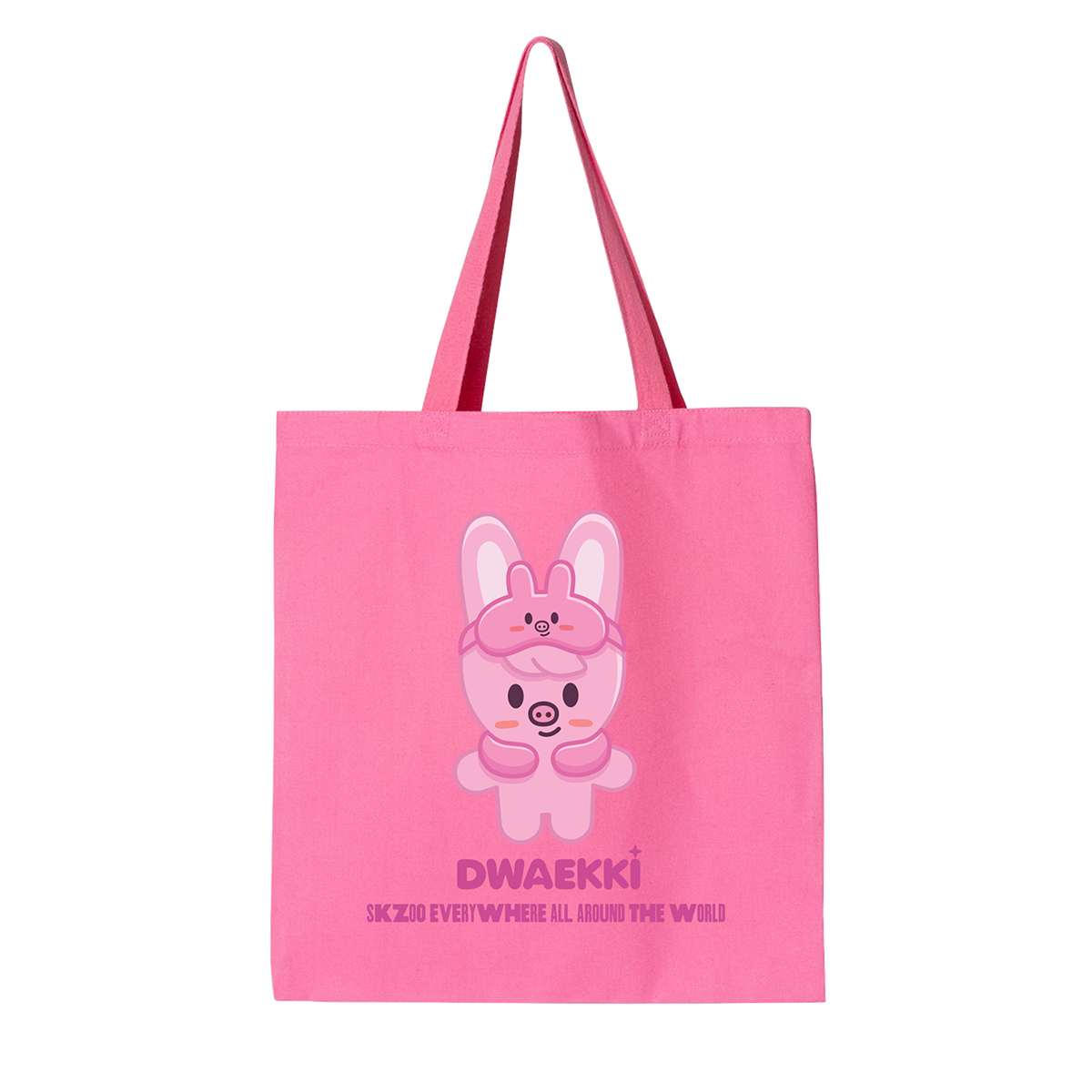 Pink tote bag with a cartoon character and text