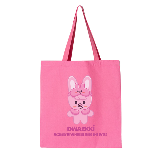 Pink tote bag with a cartoon character and text