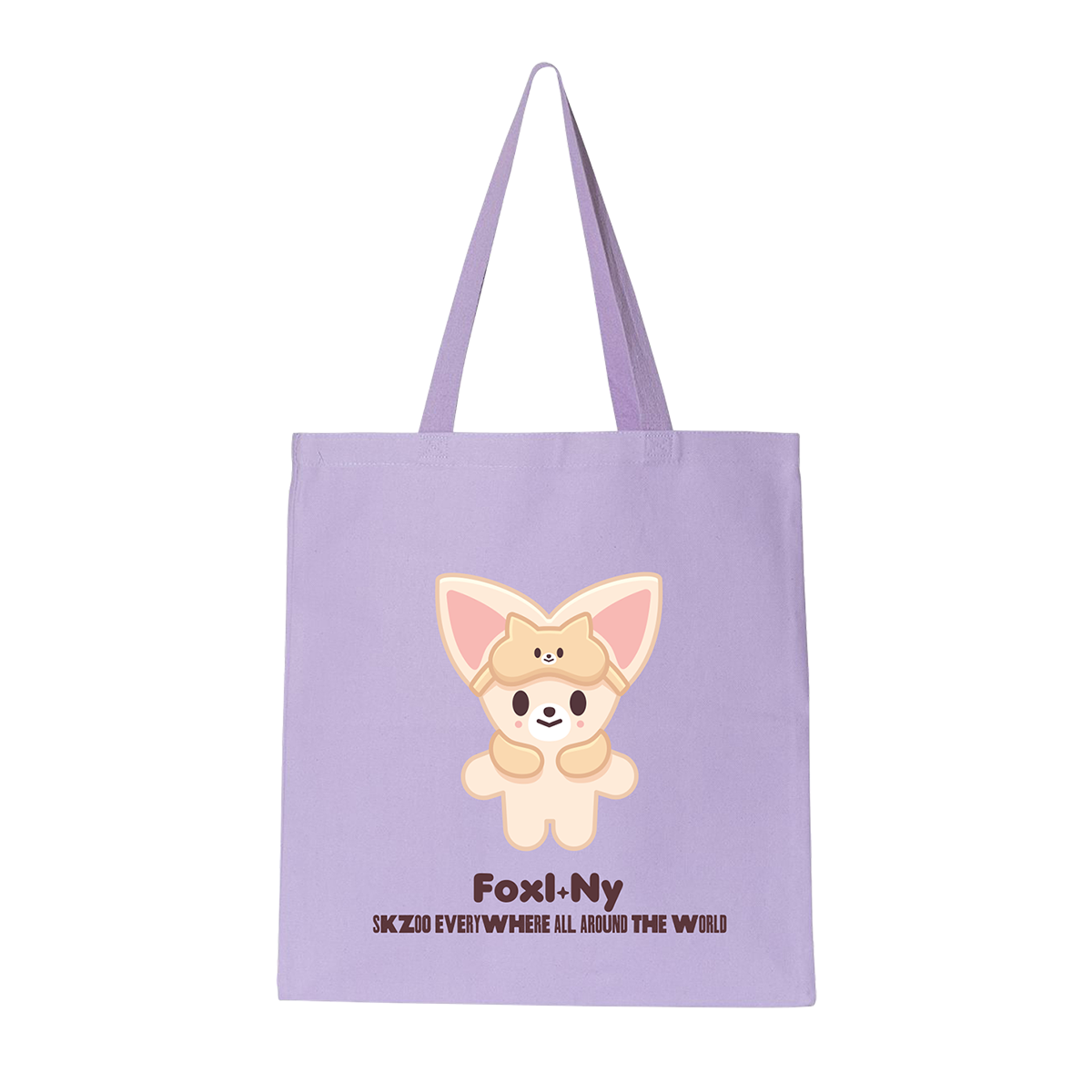 Purple tote bag with a cartoon dog design and text 
