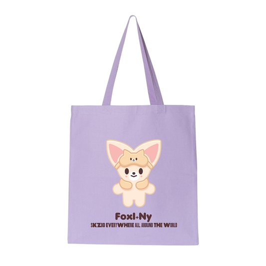 Purple tote bag with a cartoon dog design and text 