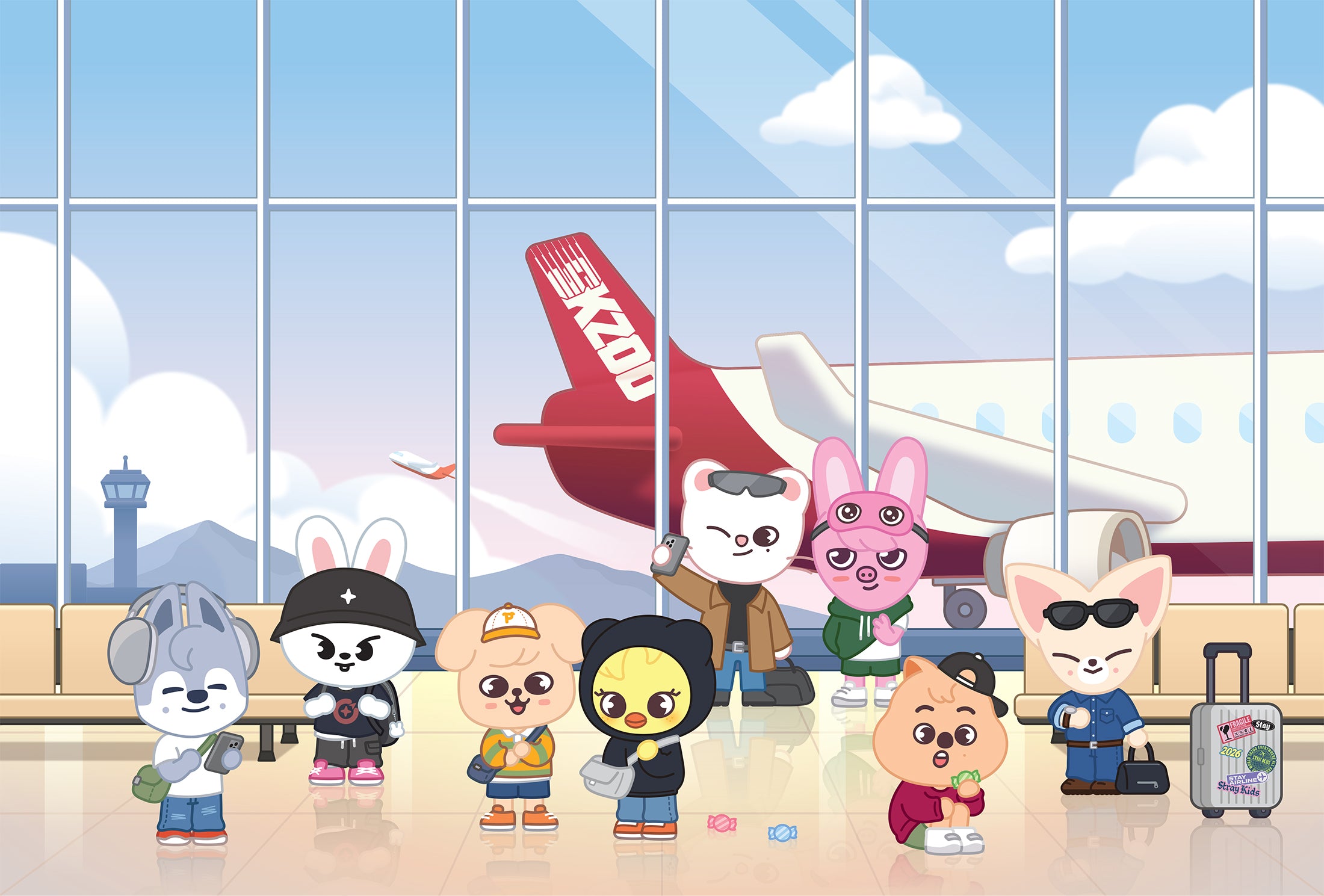 Cartoon animal characters in a airport setting with an airplane in the background