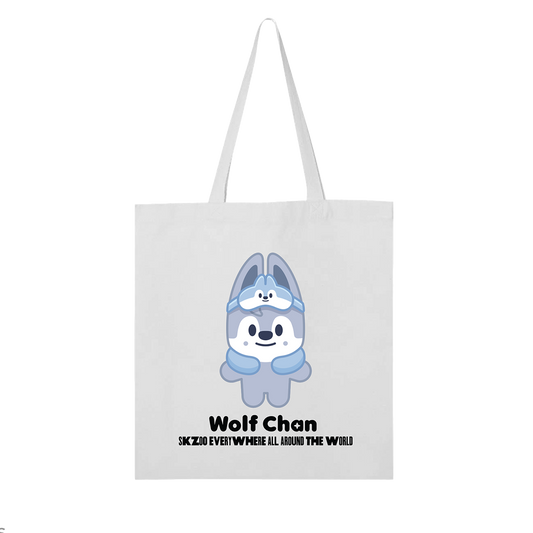 White tote bag with Wolf Chan character and Wolf Chan black text 