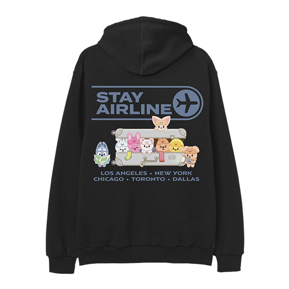 Black hoodie with cartoon characters and text on the back