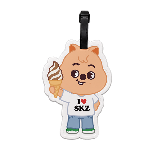 Luggage tag with cartoon character holding an ice cream cone and 'I ❤️ SKZ' text
