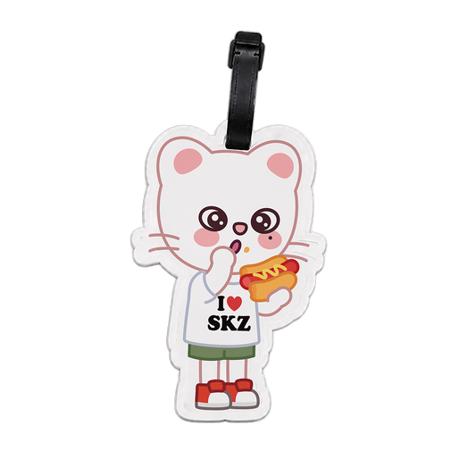 Cartoon Jiniret character luggage tag with 'I ❤️ SKZ' text 