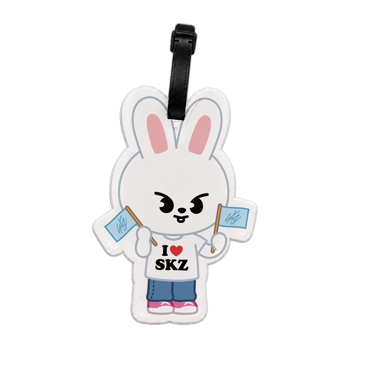 Luggage tag shaped like a cartoon rabbit holding flags with text