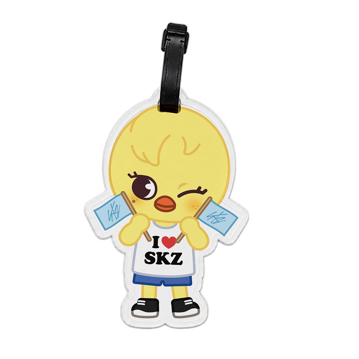 Cartoon BbokAri character luggage tag with 'I ❤️ SKZ' text on a white background