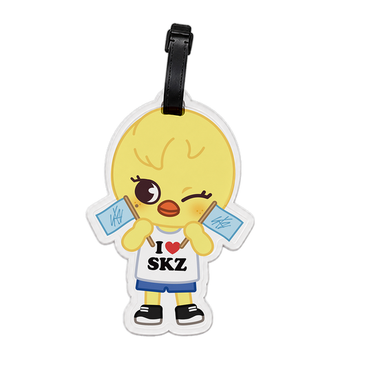 Cartoon BbokAri character luggage tag with 'I ❤️ SKZ' text on a white background